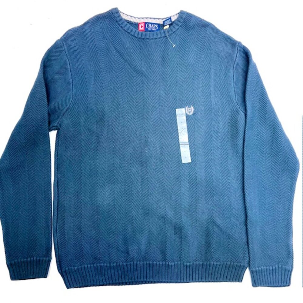 New-Vintage Chaps Sweater Mens Cotton Knit Pullover Crew Neck Blue Logo L (30)